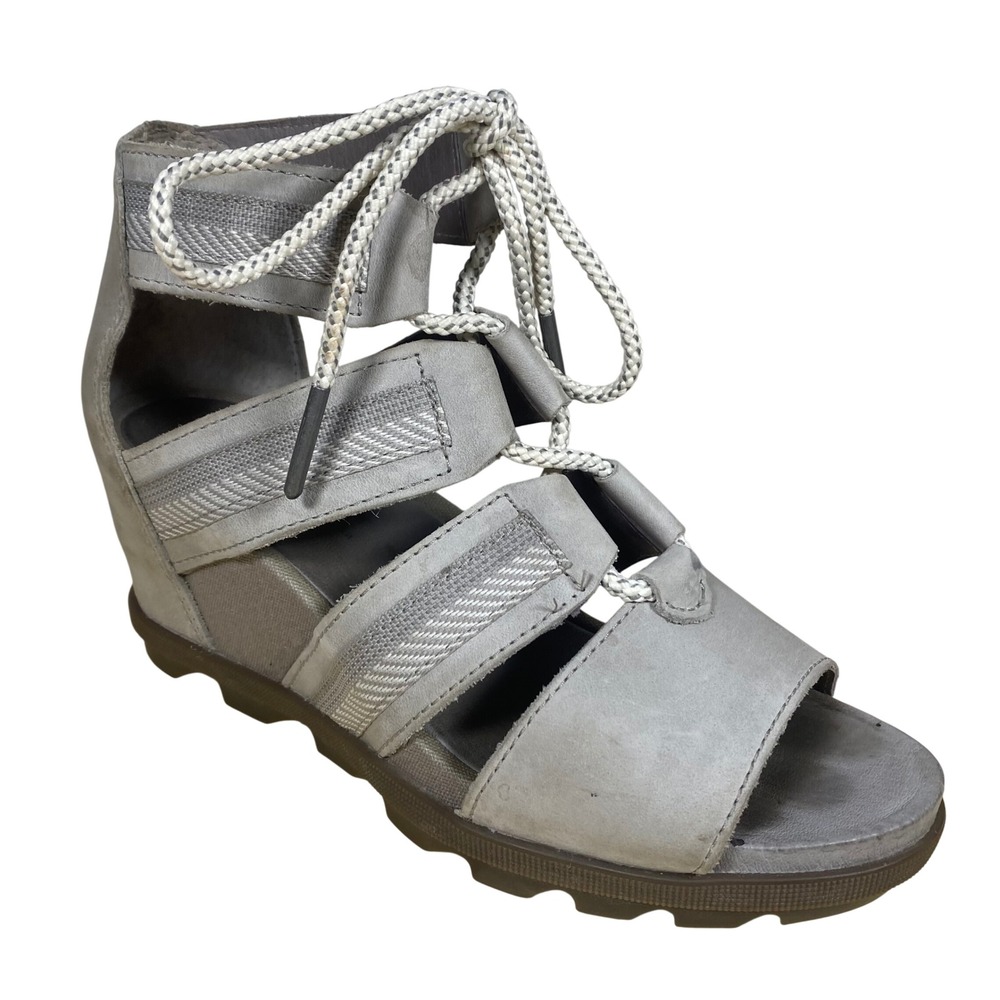 Sorel Joanie II Lace-up Wedge Sandals Quarry Gray Leather‎ Womens 8